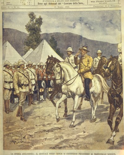 Ilustracja na okładce przedstawiająca poddanie się generała Cronje przed marszałkiem Robertsem podczas wojen anglo-zuluskich i anglo-burskich w latach 1850-1902 autorstwa Achille Beltrame