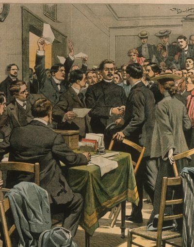Ilustracja na okładce przedstawiająca przybycie Maksyma Gorkisa na spotkanie rosyjskich rewolucjonistów; Londyn, Anglia autorstwa Achille Beltrame