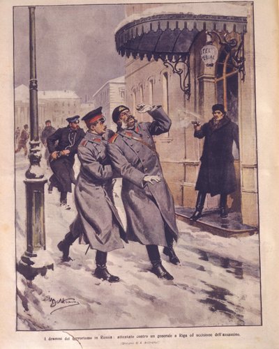 Ilustracja na okładce przedstawiająca terroryzm w Imperium Rosyjskim; zamach na życie generała i śmierć napastnika w Rydze autorstwa Achille Beltrame