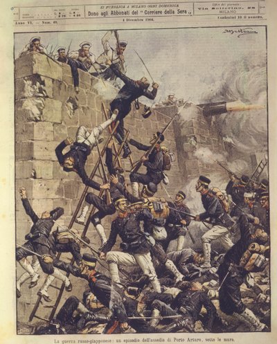 Ilustracja na okładce przedstawiająca oblężenie Port Arthur w Chinach podczas wojny rosyjsko-japońskiej w latach 1904-1905 autorstwa Achille Beltrame