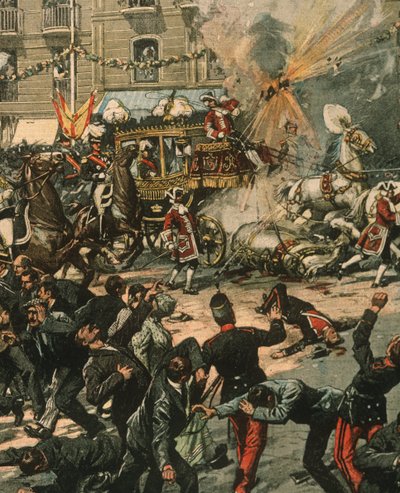 Ilustracja na okładce przedstawiająca zamach na króla Alfonsa XIII w dniu jego ślubu, 31 maja 1906, Madryt, Hiszpania autorstwa Achille Beltrame