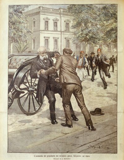 Ilustracja na okładce przedstawiająca zabójstwo greckiego premiera Delyannisa; Ateny, Grecja autorstwa Achille Beltrame