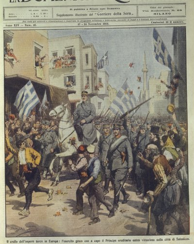 Ilustracja na okładce przedstawiająca zwycięską armię grecką wkraczającą do Salonik podczas upadku imperium tureckiego autorstwa Achille Beltrame