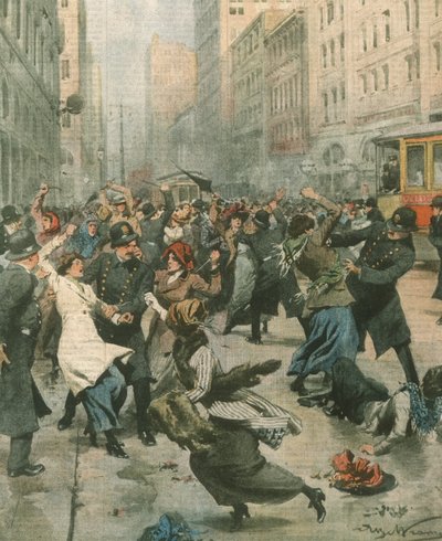 Ilustracja na okładce przedstawiająca kobiety protestujące przeciwko bezrobociu na ulicy; Nowy Jork, USA autorstwa Achille Beltrame