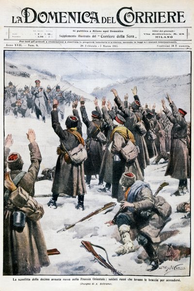Klęska dziesiątej armii rosyjskiej w Prusach Wschodnich: żołnierze rosyjscy podnoszący broń w kapitulacji, płyta Achille Beltrame (1871-1945) z La Domenica del Corriere, 28 lutego-7 marca 1915 autorstwa Achille Beltrame