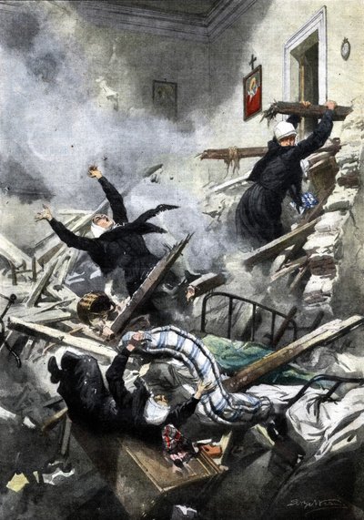 Katastrofa w budynku w Genui: dobre siostry zniknęły w wyniku zawalenia się dwóch mieszkań. Ill. de Beltrame. „La Domenica del Corriere”. 04/1914. autorstwa Achille Beltrame