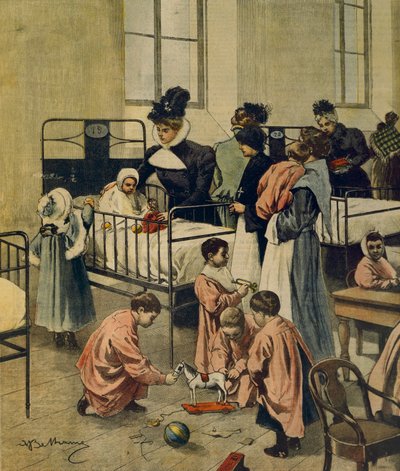 Rozdawanie prezentów bożonarodzeniowych biednym dzieciom w szpitalu, Achille Beltrame, ilustracja, Ilustrator Achille Beltrame (1871-1945), z La Domenica del Corriere, 23 listopada 1900 autorstwa Achille Beltrame