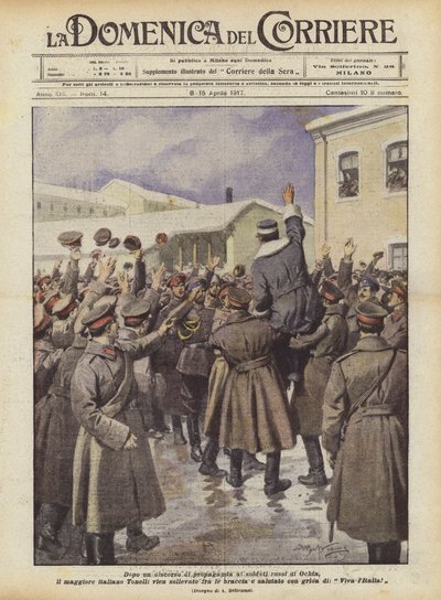 Po propagandowym przemówieniu do rosyjskich żołnierzy Ochty nadchodzi włoski major Tonelli? autorstwa Achille Beltrame