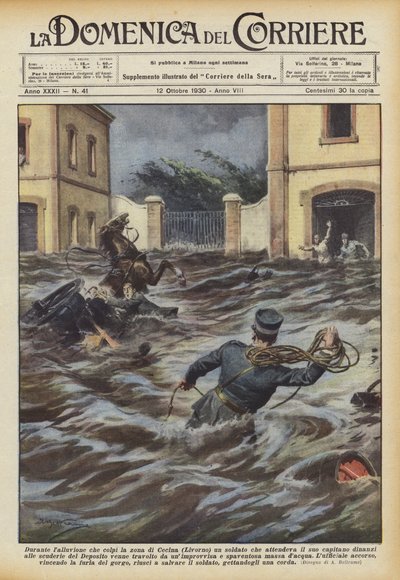 Podczas powodzi, która nawiedziła okolice Ceciny (Livorno), żołnierz czekał na swojego kapitana? autorstwa Achille Beltrame