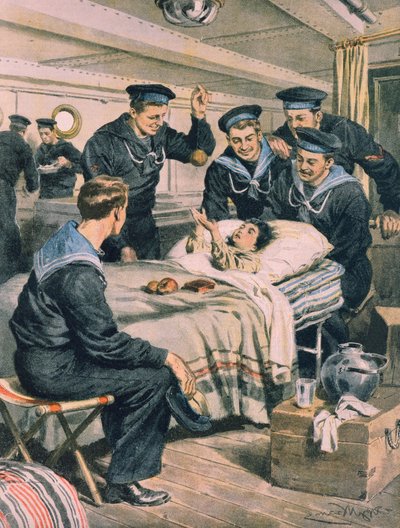 Trzęsienie ziemi w Mesynie, dziecko uratowane przez marynarkę z ruin i przetransportowane statkiem, Achille Beltrame, ilustracja, Ilustrator Achille Beltrame (1871-1945), z La Domenica del Corriere, 28 grudnia 1908 autorstwa Achille Beltrame