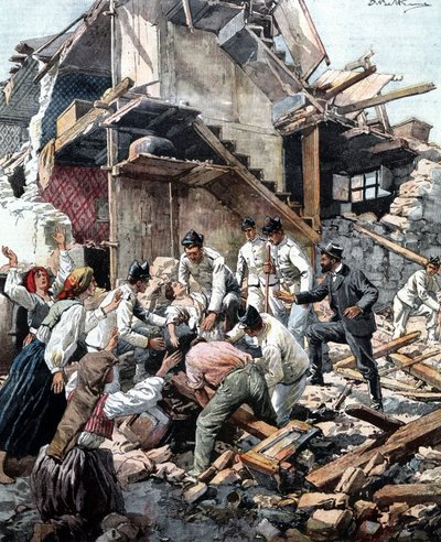 Trzęsienie ziemi w Reggio (Kalabria) w dniu 28.12.1908. Żołnierze szukają w gruzach ofiar trzęsienia ziemi. Ilustracja autorstwa Beltrame. autorstwa Achille Beltrame