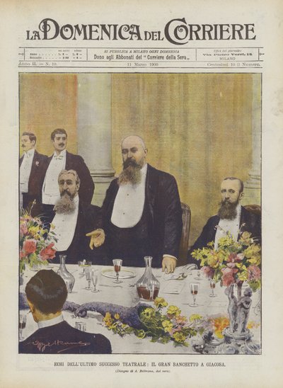 Echa ostatniego teatralnego sukcesu, Wielki Bankiet w Giacosa autorstwa Achille Beltrame