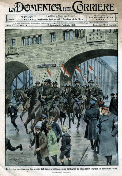 Obecność angielska w Niemczech: wojska na moście na Renie w Kolonii. Ilustracja Beltrame. Domenica del Corriere. 01/1919. autorstwa Achille Beltrame