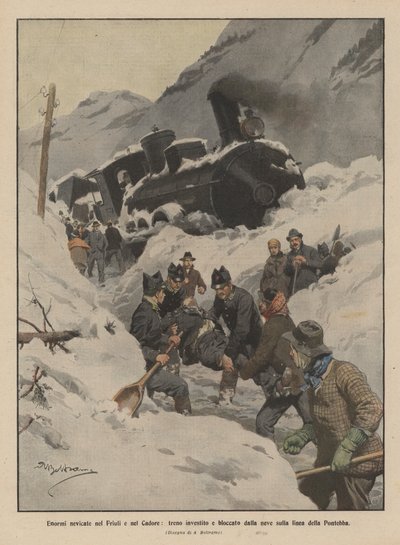 Ogromne opady śniegu we Friuli i Cadore, pociąg uderzony i zablokowany przez śnieg na linii Pontebba autorstwa Achille Beltrame