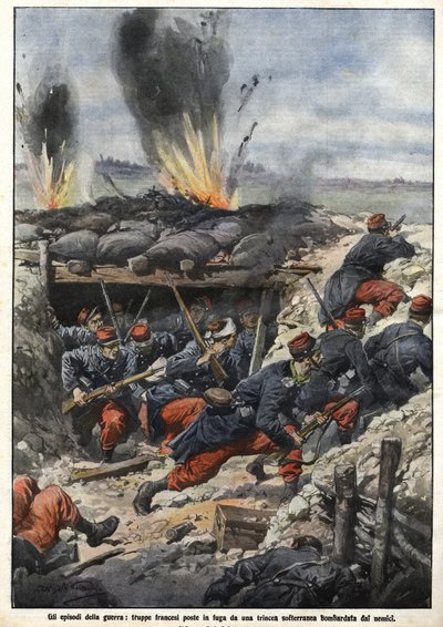 Epizod wojny 1914: Francuzi w okopach są bombardowani przez wrogów. “La Domenica del Corriere” autorstwa Achille Beltrame