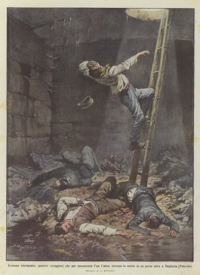 Niefortunny heroizm, czwórka odważnych ludzi, którzy odnajdują swoją śmierć, aby sobie nawzajem pomóc? autorstwa Achille Beltrame