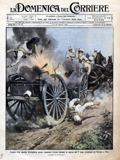 Wybuch skrzyni artyleryjskiej w pobliżu Capannori (Lucca) podczas transferu 7. pułku artylerii z Volterry do Pizy. Ilustracja Beltrame. „” La Domenica del corriere””. 15-23/08/1909. autorstwa Achille Beltrame