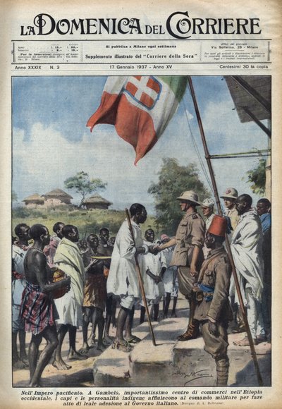 Faszyzm 1937: Spotkania w Gambela, centrum handlowym imperium etiopskiego, rdzennych wodzów i osobistości w celu dokonania aktu przystąpienia do rządu włoskiego. Ilustracja Achille Beltrame w „La domenica del corriere” 17.01.2019 autorstwa Achille Beltrame