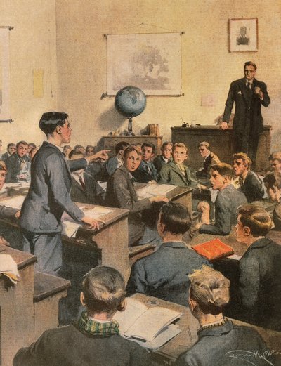 Walka z analfabetyzmem, dzieci w szkole, Achille Beltrame, ilustracja, Ilustrator Achille Beltrame (1871-1945), z La Domenica del Corriere autorstwa Achille Beltrame