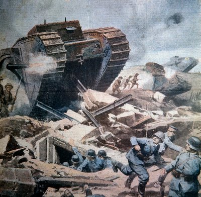 I wojna światowa (1914-1918): "Szturmy czołgów angielskich w Pikardii" Ilustracja przedstawiająca Achillesa beltrame z La Domenica del Corriere 1916 r. autorstwa Achille Beltrame