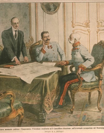 Franciszek Józef I, cesarz Austrii, omawiający okupację Czarnogóry, ilustracja na okładce z „La Domenica del Corriere” autorstwa Achille Beltrame