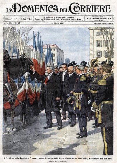 Prezydent Francji Armand Fallieres (1841 - 1931) wręcza medal Legii Honorowej bohaterowi, który zginął w bitwie. Ill. de Beltrame. Domenica del Corriere. 31.03.1907. autorstwa Achille Beltrame