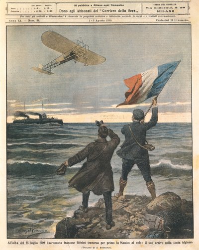 Francuski lotnik Louis Bleriot, pierwsza osoba przekraczająca kanał La Manche, obchody na angielskim wybrzeżu, 25 lipca autorstwa Achille Beltrame