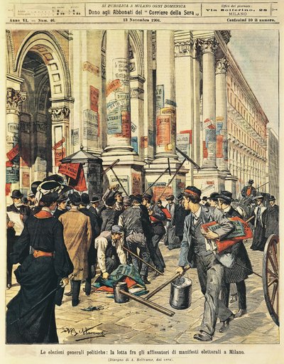 Wybory powszechne w Mediolanie: konfrontacje między ludźmi wieszającymi plakaty polityczne w Mediolanie, autor: Achille Beltrame (1871-1945), z La Domenica del Corriere autorstwa Achille Beltrame