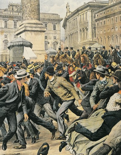 Ogólny strajk robotników w Rzymie, Achille Beltrame, ilustracja, Ilustrator Achille Beltrame (1871-1945), z La Domenica del Corriere autorstwa Achille Beltrame