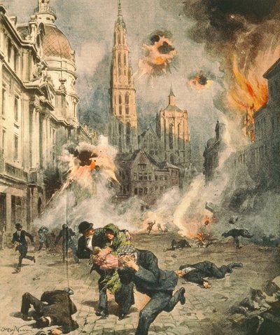 Niemcy bombardują i okupują Antwerpię, Achille Beltrame (1871-1945), ilustracja z La Domenica del Corriere autorstwa Achille Beltrame