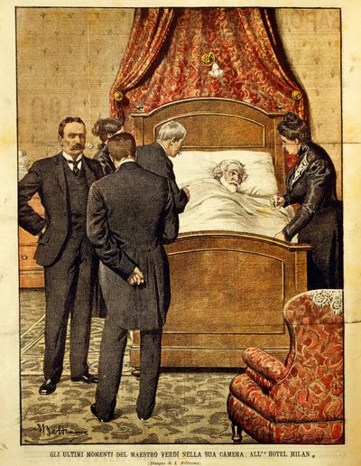 Giuseppe Verdi (1813-1901) umierający, ilustracja Achille Beltrame (1871-1945). Włochy, XX wiek. autorstwa Achille Beltrame
