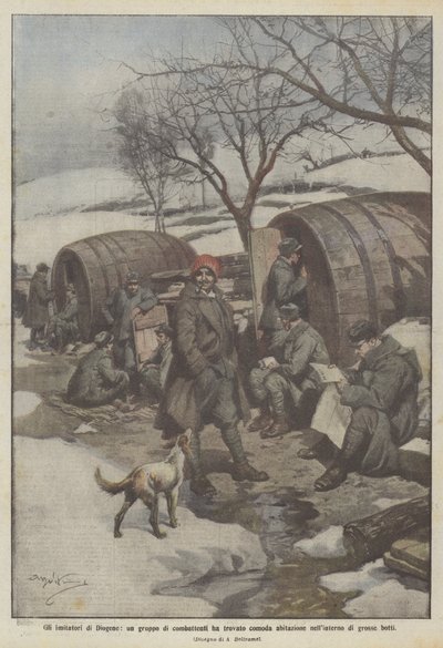 Naśladowcy Diogenesa, grupa bojowników, znaleźli wygodny dom w dużych beczkach autorstwa Achille Beltrame