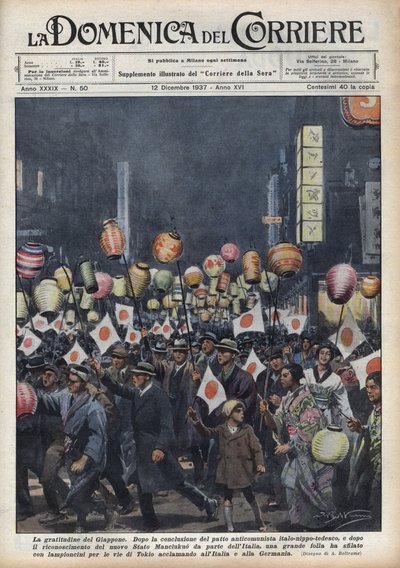 Wielkie zbezczeszczenie mieszkańców Tokio, aby oddać hołd Włochom i Niemcom po uznaniu nowego państwa Mandżukuo (Manchukuo lub Manzhouguo) Ilustracja Achille