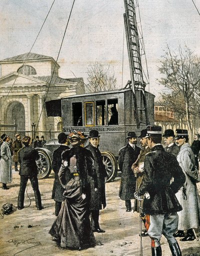 Guglielmo Marconi asystuje w Mediolanie przy testowaniu pierwszego Stazione Radio Mobile. Ilustracja Achille Beltrame do „Domenica del Corriere” (1906). Rytownictwo. autorstwa Achille Beltrame
