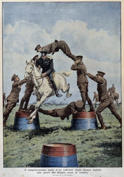 Horse Jumping: English Hussars at the London Tournament Trials – rysunek A. Beltrame, w „La Domenica del Corriere”” autorstwa Achille Beltrame