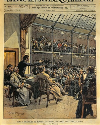 Jak organizować strajki, posiedzenie Izby Pracy w Mediolanie, ilustracja Achille Beltrame z La Domenica del Corriere, 23 marca autorstwa Achille Beltrame