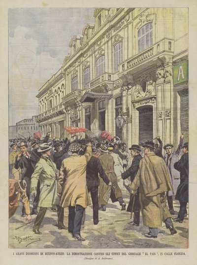 Poważne zamieszki w Buenos-Ayres, demonstracja przeciwko urzędom gazety El Pais, na ulicy Florydy autorstwa Achille Beltrame