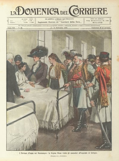 Władcy Włoch w Czarnogórze, królowa Helena odwiedza chorych w szpitalu Cettigne autorstwa Achille Beltrame