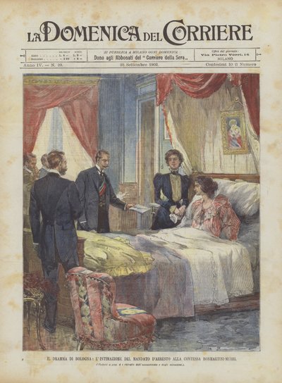Dramat Bolonii, zawiadomienie o mandacie aresztowania hrabiny Bonmartini-Murri autorstwa Achille Beltrame