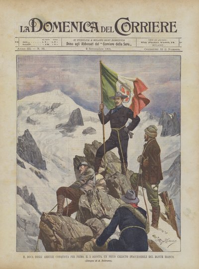 Duca Degli Abruzzi jako pierwszy zdobył 5 sierpnia szczyt uważany za niedostępny na Mont Blanc autorstwa Achille Beltrame