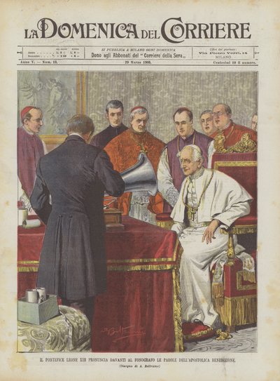 Papież Leon XIII wypowiada przed fonografem słowa Błogosławieństwa Apostolskiego autorstwa Achille Beltrame