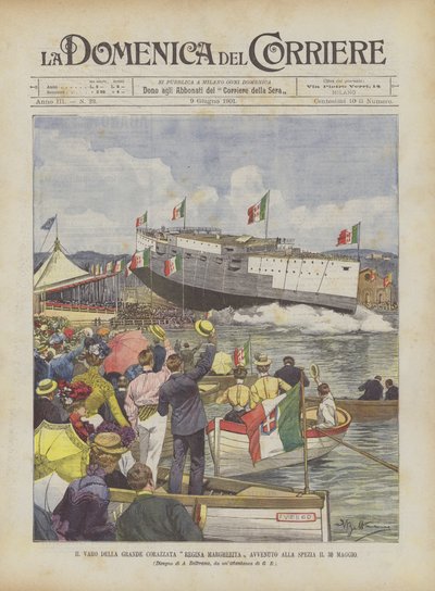 Wodowanie dużego pancernika Regina Margherita miało miejsce w La Spezia 30 maja autorstwa Achille Beltrame