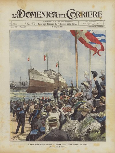 Premiera nowego pancernika Regina Elena w Arsenale Spezii autorstwa Achille Beltrame