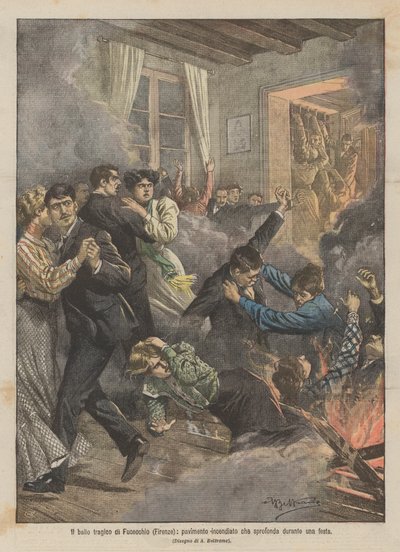 Tragiczny taniec Fucecchio (Florencja), płonąca podłoga, która zapada się podczas imprezy autorstwa Achille Beltrame