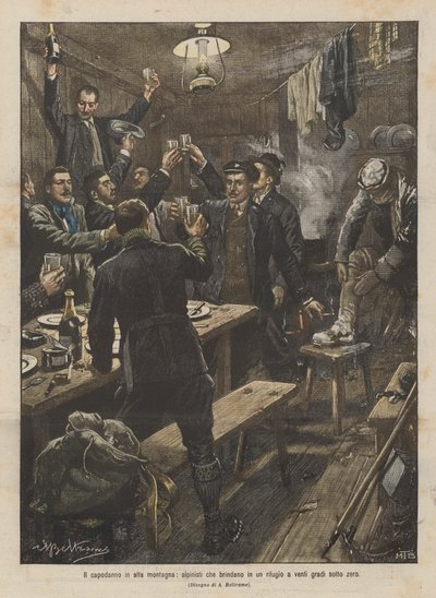 Nowy Rok w wysokich górach, alpiniści wznoszący toast w schronisku przy dwudziestu stopniach poniżej zera autorstwa Achille Beltrame