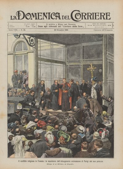 Konflikt religijny we Francji, wypędzenie osiemdziesięcioletniego arcybiskupa Paryża z jego pałacu autorstwa Achille Beltrame