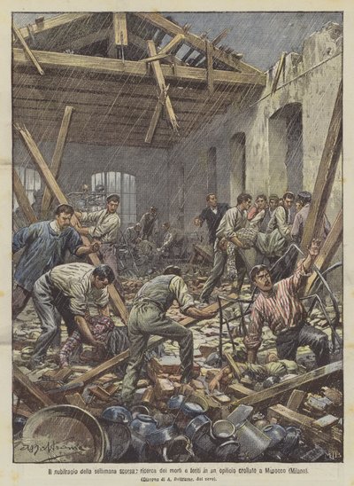 Burza z zeszłego tygodnia, poszukiwanie zabitych i rannych w zawalonej fabryce w Musocco (Mediolan) autorstwa Achille Beltrame