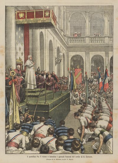 Papież Pius X przyjmuje i błogosławi francuskie gimnastyczki na dziedzińcu S. Damaso autorstwa Achille Beltrame