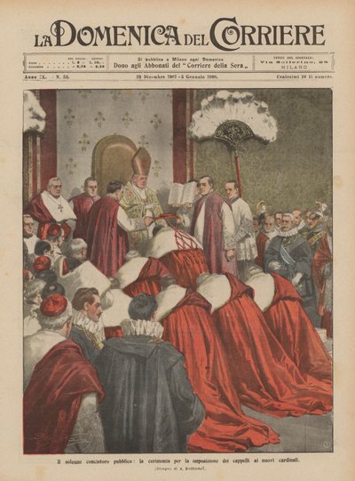 Uroczysty konsystorz publiczny, uroczystość nałożenia kapeluszy na nowych kardynałów autorstwa Achille Beltrame