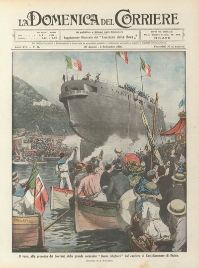 Wystrzelenie w obecności Suwerenów wielkiego pancernika Dante Alighieri ze stoczni Castellammare di Stabia autorstwa Achille Beltrame
